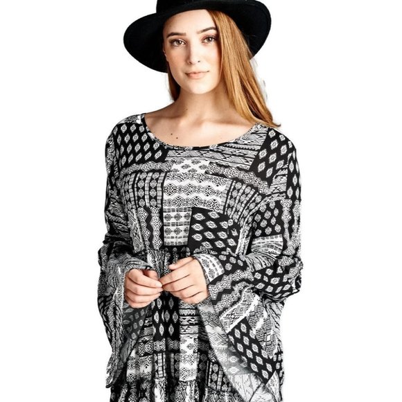 Velzera Multi-Pattern Bell Sleeve Dress, Black - Picture 2 of 4